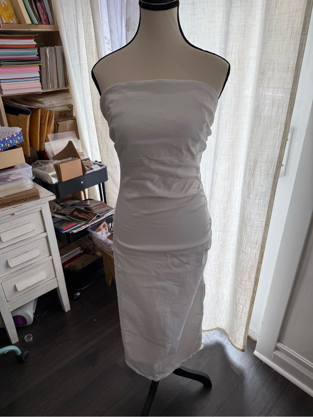 Zara Strapless White Midi Bodycon Dress